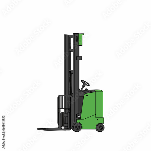 Green and Gray Reach Truck with Extended Mast and Forklift Tines