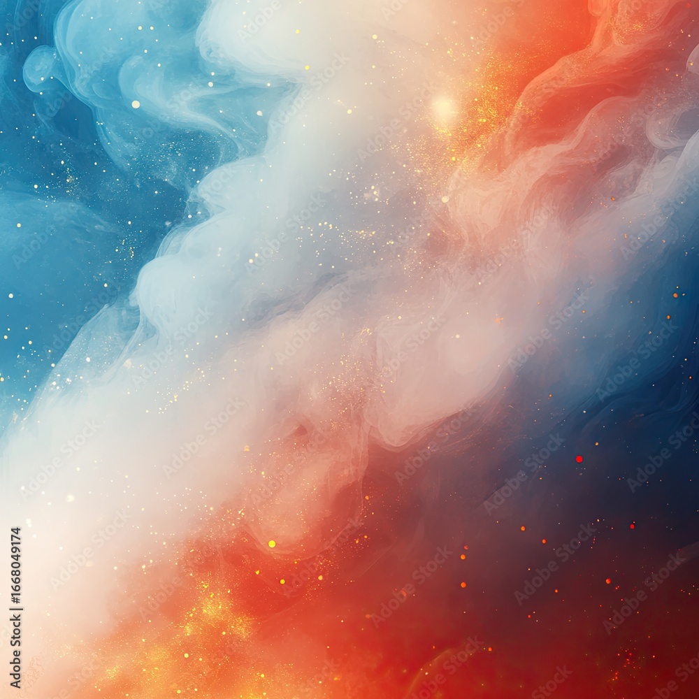 Fototapeta premium Abstract swirling colors, like smoke or liquid, with golden sparkles