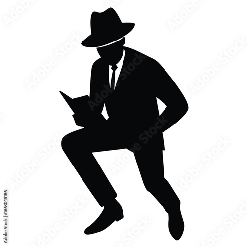 Man in fedora reading book suit