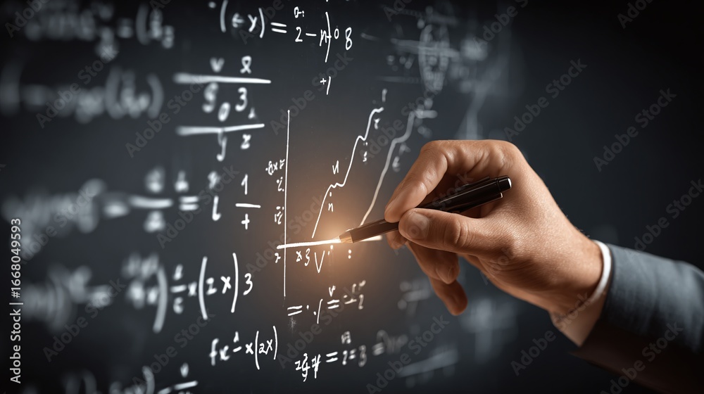 Fototapeta premium Hand pointing at a graph on a chalkboard covered in complex mathematical equations, representing problem-solving, education, and the pursuit of knowledge.