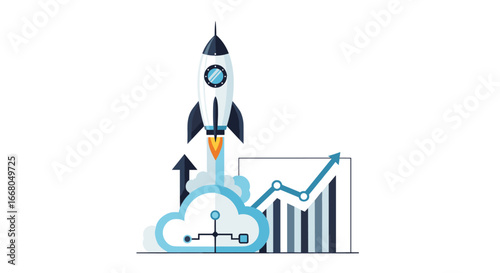 Dynamic illustration of a rocket launch, symbolizing successful business startup, rapid growth, innovation, cloud computing, and positive market trends.