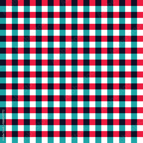 Red, teal, navy stripes form a colorful plaid pattern with geometric symmetry and textile appeal