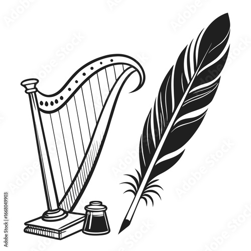 Ancient harp and quill silhouette