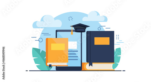 This modern illustration beautifully conveys digital education, blending online learning with traditional academic resources, symbolizing successful graduation and knowledge.