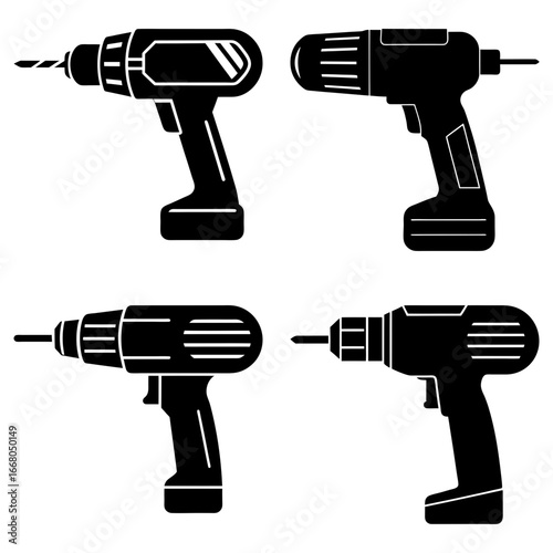 Illustration showing four different cordless drills in black silhouette on a white background design tool
