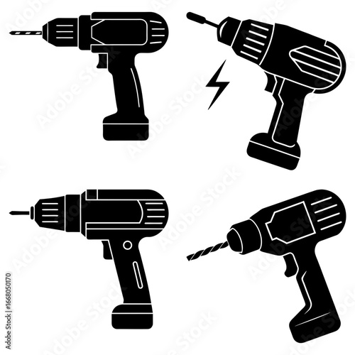 Illustration showing four black cordless drills with different orientations and styles shown isolated