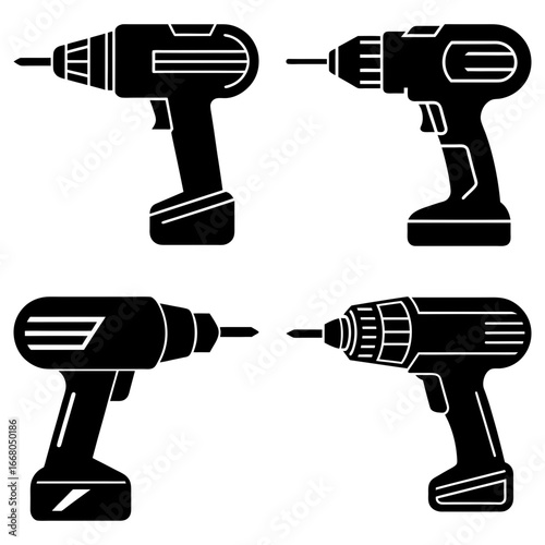 Illustration of four black cordless power drills with varying designs in a symmetrical arrangement