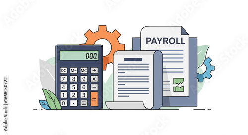 A sleek, modern flat illustration emphasizes critical financial processes, showcasing payroll computation and detailed document management for efficient business accounting.