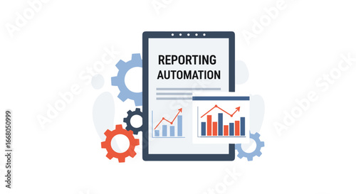 Modern digital tablet displaying automated business reporting and data analysis, with gears symbolizing efficient technological processes and data management.