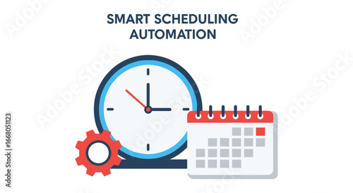 This illustration depicts smart scheduling automation, combining a clock, calendar, and gear to symbolize efficient time management and optimized workflow processes.