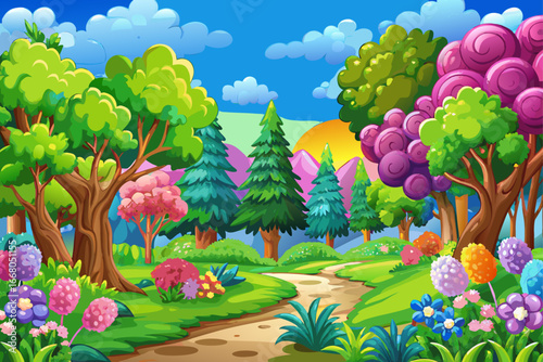 Beautiful natural scenery with diverse trees, lush forest and bright sky, relaxing and inspiring environment, excellent graphic background image for design, artistic and commercial projects inspired b