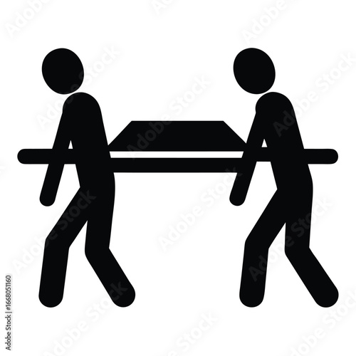 Two figures carry a stretcher people carrying