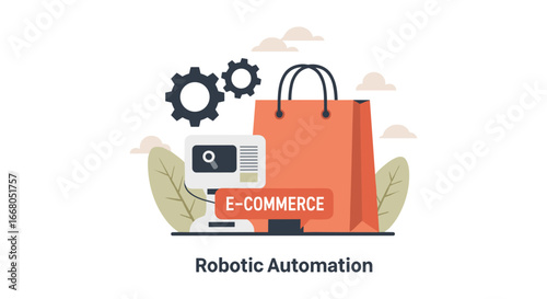 Modern vector illustration highlighting robotic automation's role in streamlining e-commerce, representing efficient online shopping experiences and advanced digital retail technology.
