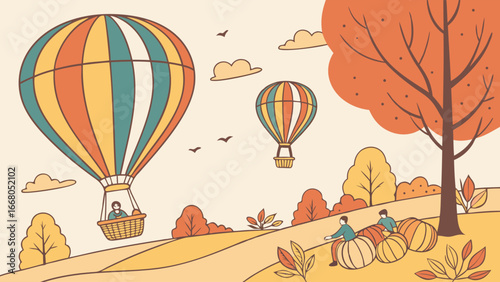 Autumn scene with two hot air balloons floating above a landscape with trees, pumpkins, and two figures sitting on pumpkins.