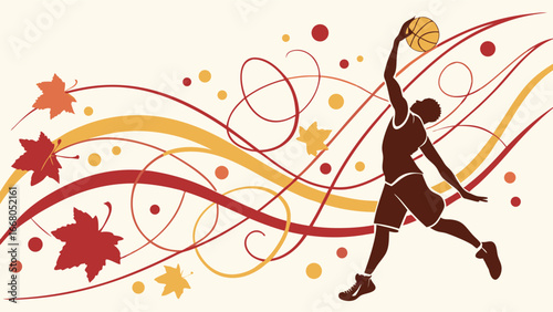Silhouette of a basketball player performing a slam dunk with decorative autumn-themed elements.