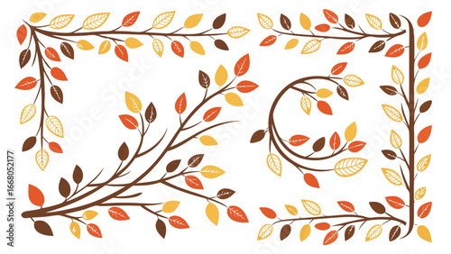 Decorative vector illustration featuring stylized branches with colorful autumn leaves, arranged in various frame designs.