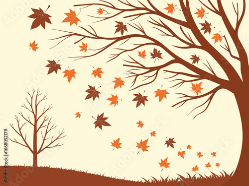 Golden leaves falling in sunlight, autumn season. Autumn maple leaves in vibrant orange and red hues falling. Autumn leaves falling in park