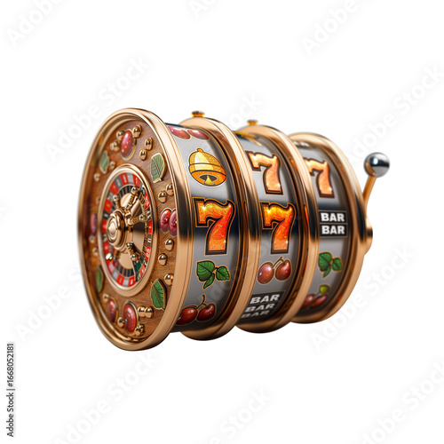 Clean 3D mobile slot game interface mockup with buttons and spinning reels, luxury minimalist design, white background