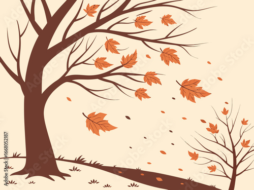 Golden leaves falling in sunlight, autumn season. Autumn maple leaves in vibrant orange and red hues falling. Autumn leaves falling in park