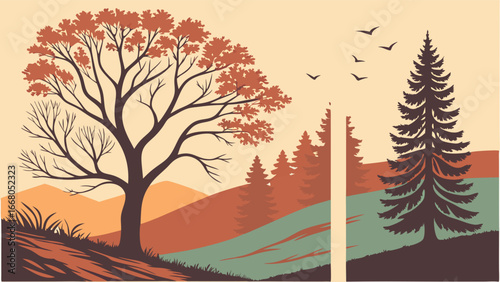 Stylized illustration of a serene autumn landscape featuring a large deciduous tree with sparse orange foliage, rolling hills, and a tall evergreen tree unde...