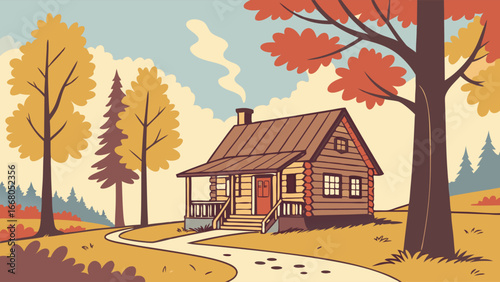 Cozy log cabin nestled amidst vibrant autumn foliage with smoke gently rising from its chimney, inviting a sense of rustic tranquility.