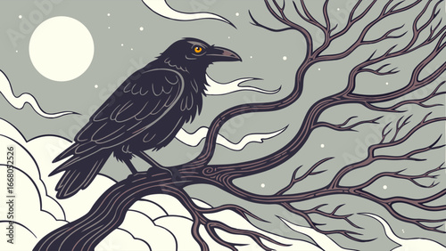 A detailed illustration of a black raven perched on a bare, stylized tree branch under the moon.