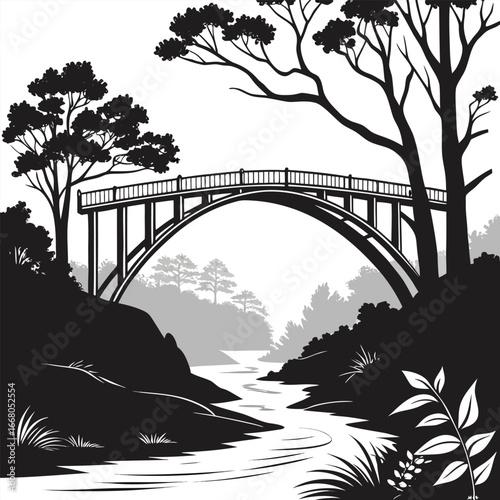 Ancient bridge over jungle river silhouette