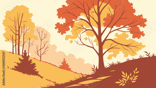 Vibrant autumn landscape illustration showcasing trees with warm-toned foliage on gentle slopes under a soft sky.