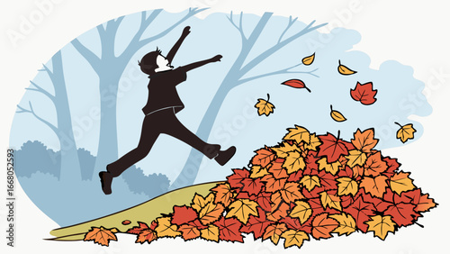 Boy joyfully leaps into a large pile of autumn leaves, arms outstretched, enjoying the fall season.