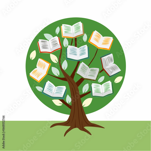 Tree of Knowledge Vector: Open Books as Leaves, Green Branches and Brown Trunk, White Pages, Isolated Illustration

