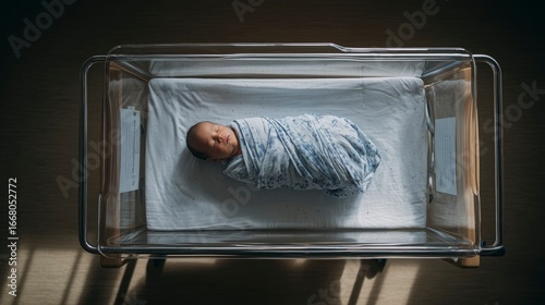 Swaddled Newborn Baby Sleeping in a Hospital Bassinet