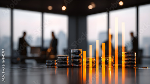 Capital money financial stock finance, investment, and business with a stack of gold coins in the foreground business or corporate environment silhouette. Banking and finance money market accounts 