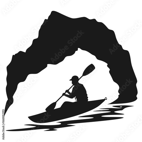 Person kayaking through cave silhouette