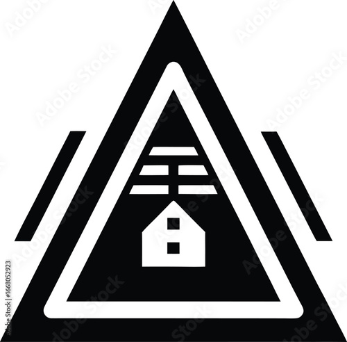 Warning triangle with house and lines icon