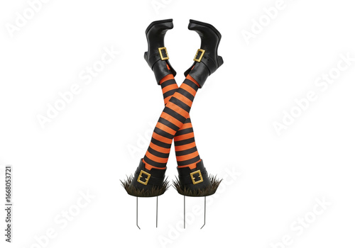 Witch legs with orange and black striped stockings isolated on transparent background