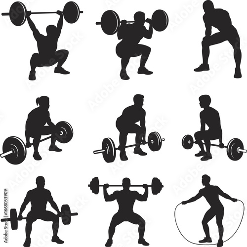 Silhouettes of men lifting weights and exercising, fitness workout collection, gym training poses, strength building, barbell exercises vector