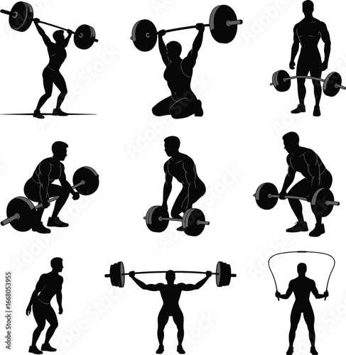Silhouettes of men lifting weights and exercising, fitness workout collection, gym training poses, strength building, barbell exercises vector