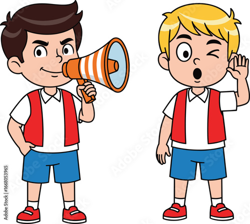 Two cartoon boys in red vests, one speaking through a megaphone, the other listening, communication and teamwork illustration concept
