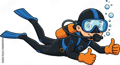 Cartoon scuba diver underwater, wearing diving gear, showing thumbs up, with bubbles, flippers, wetsuit, oxygen tank, and snorkel mask