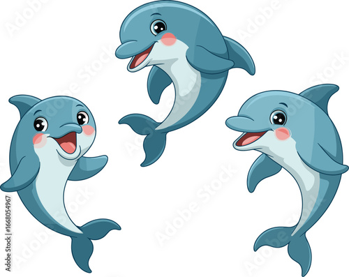 Cute cartoon dolphins smiling and swimming together, happy marine animals illustration, playful sea life characters, cheerful ocean wildlife art for kids