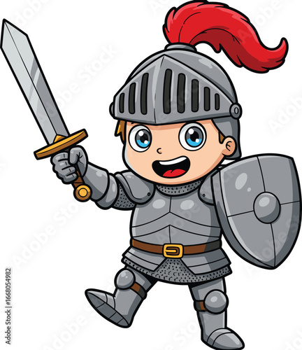 Cartoon knight child with sword and shield, wearing armor, medieval warrior costume, happy brave kid character, fantasy battle concept illustration