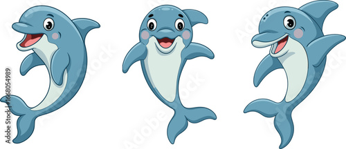 Cute cartoon dolphins, happy sea mammals, playful ocean animals illustration, marine wildlife art, kids educational design, smiling dolphin characters, vector clipart