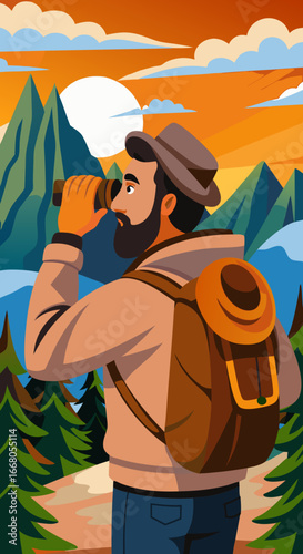 A Hispanic man with a beard, wearing a sustainable outdoor jacket and a backpack, looking at a mountain peak through binoculars. He is on a hiking trail at sunrise. The scene is in a national park wit