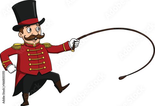 Cartoon circus ringmaster with top hat, red coat, mustache, and whip, entertaining pose, vector illustration on white background