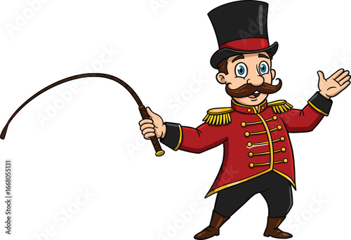 Cartoon circus ringmaster with top hat, red coat, mustache, and whip, entertaining pose, vector illustration on white background