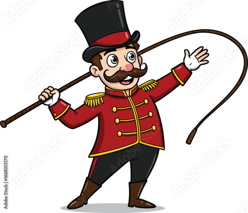 Cartoon circus ringmaster with top hat, red coat, mustache, and whip, entertaining pose, vector illustration on white background