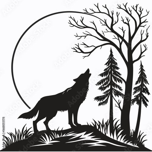 Wolf in moonlit forest clearing silhouette