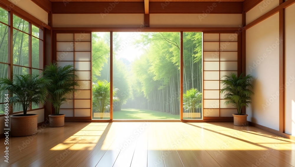 Fototapeta premium A bright, minimalist Japanese style room with wooden floors, sliding shoji doors, potted plants, and a view of a lush bamboo forest.