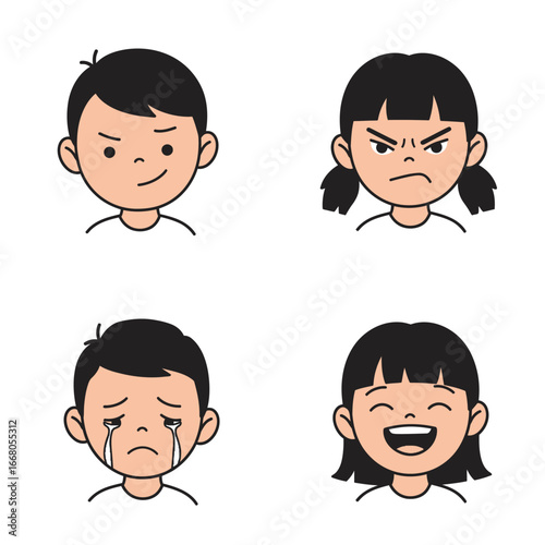 Cartoon Faces Expressing Emotions Smirking Angry Crying and Laughing.