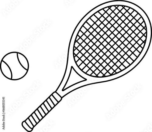 Tennis Racket and Ball Sketch, Black and White Line Art, Sports Equipment for Tennis, Active Lifestyle, Fitness Illustration